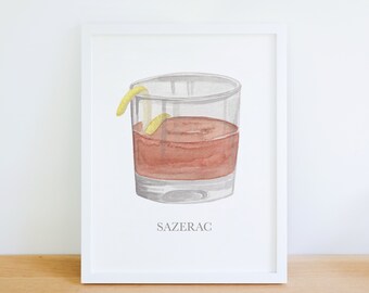 Watercolor Sazerac cocktail painting art print