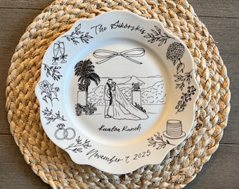 Hand Drawn Personalized Wedding Couple Portrait Keepsake Ceramic Plate