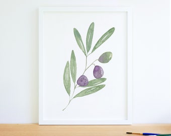 Olive branch, wall art, wall decor, kitchen art, fine art print, watercolor painting