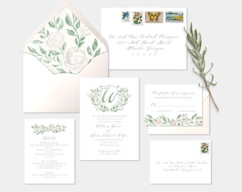 White floral Wedding Invitation suite, flower crest, initials, greenery