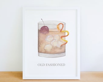 Watercolor Old Fashioned cocktail painting art print