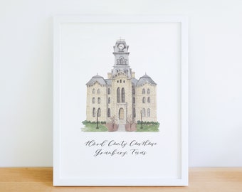 Granbury Texas Courthouse, Hood County, watercolor print, unframed, wall art