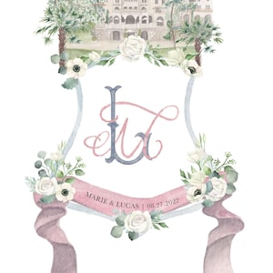 Custom watercolor wedding monogram crest design