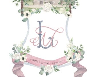 Custom watercolor wedding monogram crest design