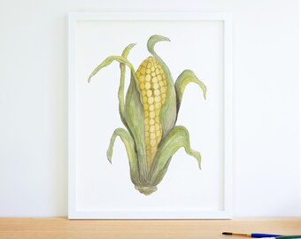 Maiskolben Kunstdruck, Wandkunst, Wanddekor, Fine Art Druck, Aquarellmalerei, Küchenkunst