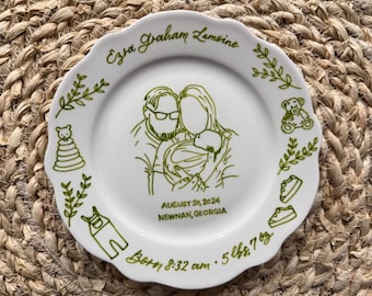 Personalized Ceramic Baby Plate, Hand Drawn Line Art Keepsake, Custom New Baby Gift