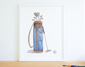 Watercolor Golf bag art print, wall art, fine art