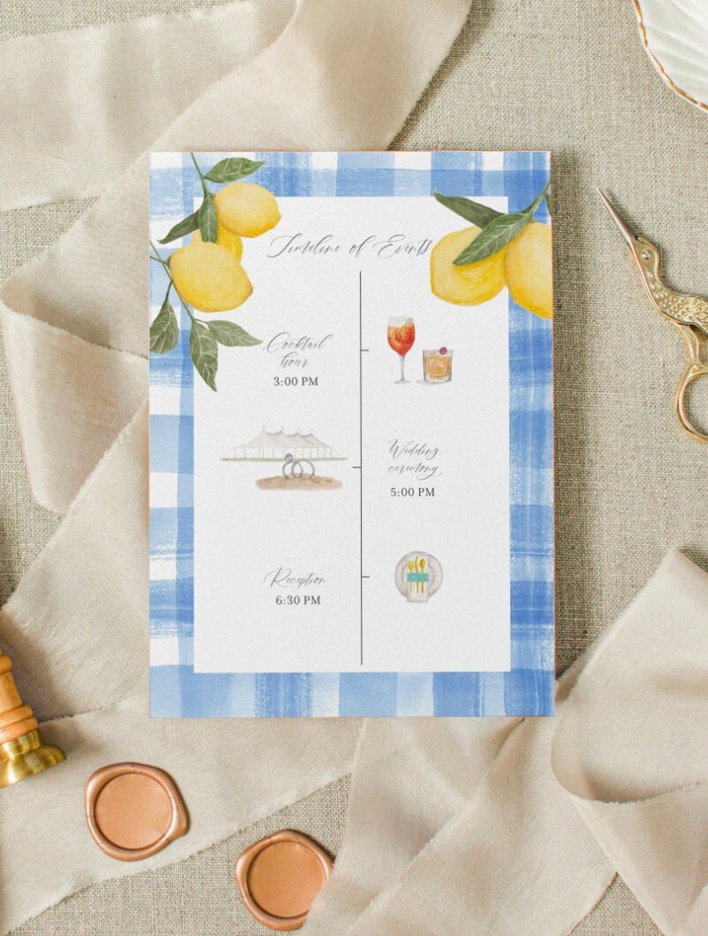 Custom watercolor illustrated wedding itinerary, details card image 1