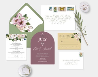 Spring Floral Watercolor Arched Wedding Invitation Suite