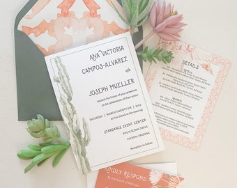 Desert Boho Watercolor Cactus and Tile Invitation suite