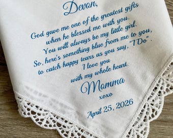 Something Blue from Mother to Daughter Custom Hanky For Happy Bride's Tears