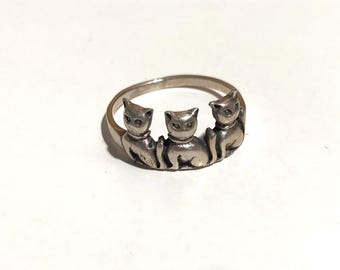 Sterling Silver Cat Ring: Cats Silver Band, Size 8