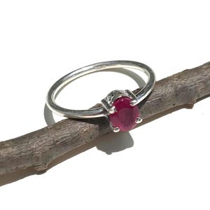 Puede incluir: Un anillo de plata con una piedra ovalada roja. El anillo está colocado sobre una rama de madera.