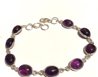 Pulsera de amatista en plata de ley: bisel con piedra curativa natural, 19 cm