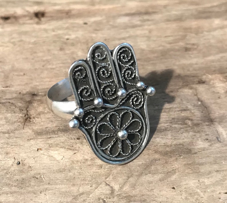 Khamsa Ring Hand Ring- Sterling Silver Ring...Hand of Fatima...Protection...Good Luck Vintage Shop Unique...Vintage Ring Ethnic Ring