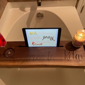 Solid Walnut Bathtub Tray with Drink & Tablet Holder