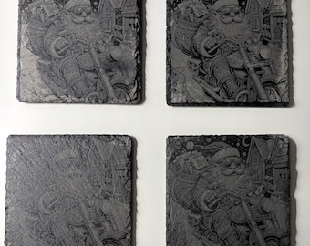 Santa Motorcycle Slate Coasters Set, Biker Christmas Gift, Laser Engraved Drink Coasters