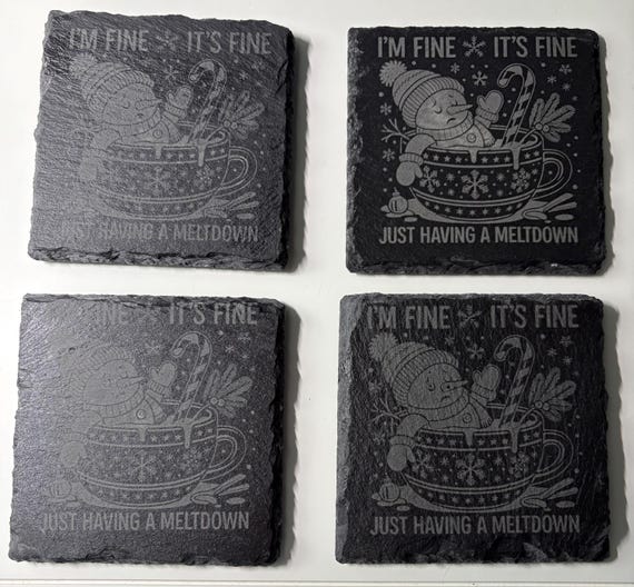 Set of 4 Snowman Meltdown Laser-Engraved Slate Coasters – Fun Winter Décor!