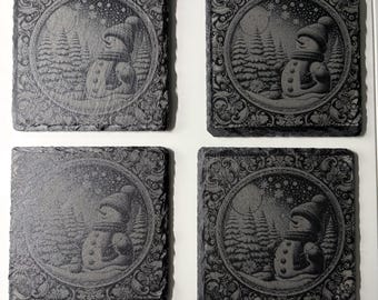 Set of 4 Smiling Snowman Slate Coasters, Laser Engraved Winter Christmas Hostess Gift