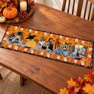 Glow in the Dark Halloween Table Runner, Embroidered Quilted Decor, Anita Goodesign Ghosts, Skeleton Witch Pumpkin Runner