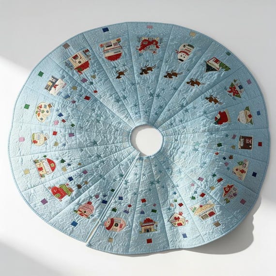 70-Inch Whimsical Christmas Tree Skirt – Embroidered North Pole Village, Handmade Holiday Decor