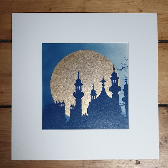 Giclée Brighton Pavilion Original Cyanotype with handpainted gold sun