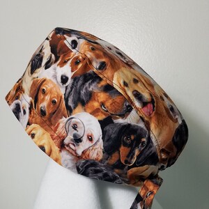 Dog print Scrub Caps for Women or Men, Surgical Caps , Surgery Caps, Tie back, Chemo cap, Ponytail scrub cap, Nurse accessories, Chemo Hats