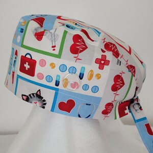 Medical Hearts Scrub Caps for Women or Men, Surgical Caps , Surgery Caps, Tie back scrub cap, Chemo cap, Ponytail scrub cap, Chemo Hats