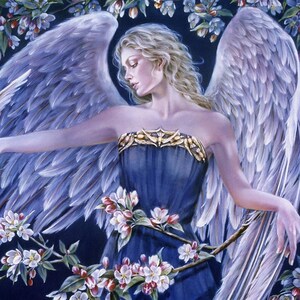 May include: A painting of an angel with large white wings, wearing a blue dress with gold trim. The angel holds a white dove and is surrounded by flowering branches against a dark background.