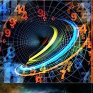 May include: A collage of four images related to numerology. The top left image shows a spiral with numbers and colorful light trails. The top right image is a red wheel with astrological symbols. The bottom images feature swirling colors and numbers.