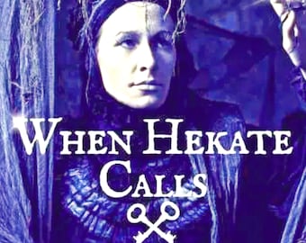 May include: A woman in a dark outfit with the text "When Hekate Calls" in white. The image has a blue and purple color scheme, with a key symbol below the text. The image has a mystical theme.
