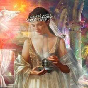 May include: An ethereal artwork depicts a woman in a flowing gown, holding a lantern. A white dove flies in the background, with a celestial and colorful backdrop. The image evokes a sense of spirituality and fantasy.