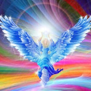 May include: An ethereal image of an angel with large, bright blue wings, set against a vibrant, multicolored background. The angel is depicted in flowing blue robes, radiating light. The artwork evokes themes of spirituality and fantasy.