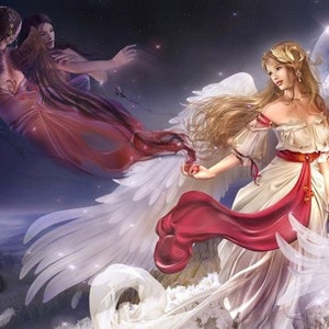 May include: Digital art depicting two angels with flowing white and red gowns, and large feathered wings. One angel is in the foreground, holding a bouquet of wheat. The background features a starry night sky and a field of white flowers.