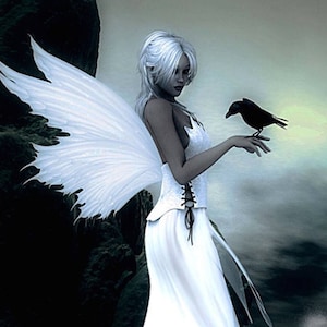 May include: Digital art of a fantasy figure with white hair, wings, and a flowing white dress. A black bird perches on the figure's hand. The background features a dark, cloudy sky and a rocky landscape, creating a mystical atmosphere.