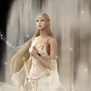 May include: Digital art of a woman in a white dress with gold accents, standing near a waterfall. The background features a night sky with a moon and stars, and a misty foreground. The woman has long blonde hair and is adorned with jewelry.