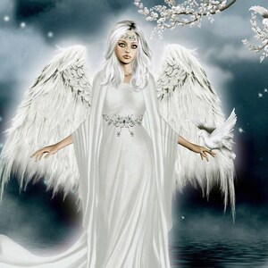 May include: Digital art of a woman dressed in a flowing white gown with large feathered wings. She is holding a white dove, with other doves and flowering branches in the background. The artwork has a soft, ethereal quality.