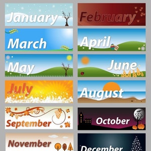 May include: A collection of twelve rectangular banners, each representing a month of the year. Each banner features the month's name in white, with seasonal illustrations such as snowflakes, flowers, and autumn leaves. The backgrounds vary with colors and imagery.