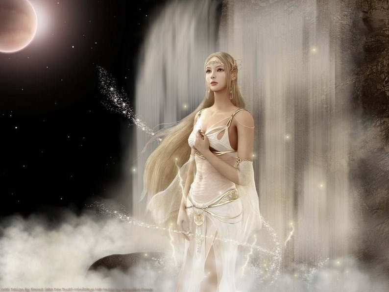 May include: Digital art of a woman in a white dress with gold accents, standing near a waterfall. The background features a night sky with a moon and stars, and a misty foreground. The woman has long blonde hair and is adorned with jewelry.