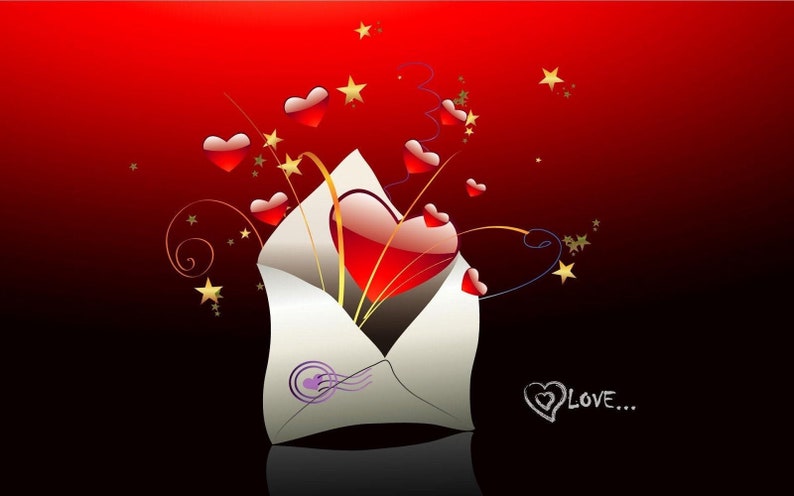 May include: A digital illustration of a white envelope with a large red heart bursting out, surrounded by smaller hearts and gold stars against a gradient red and black background. The word "Love..." is written in white.