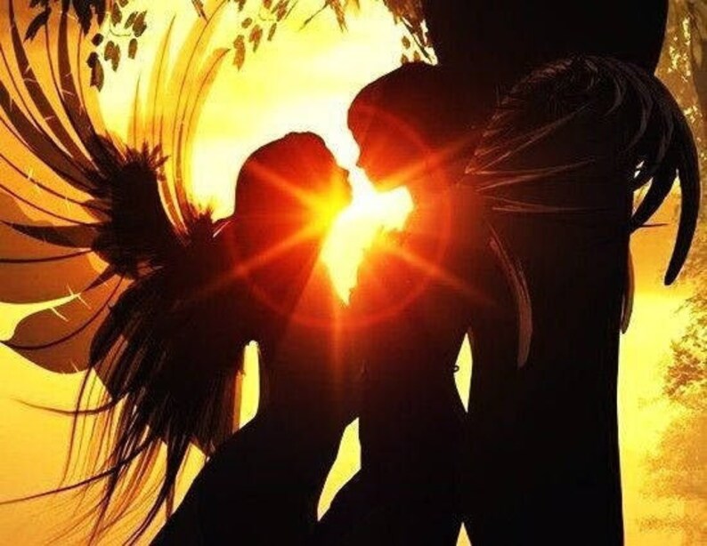 May include: Silhouette of two figures embracing, with a bright sunburst between them. One figure has large, stylized wings. The image is set against a warm, golden-yellow background, suggesting a romantic or fantasy theme.