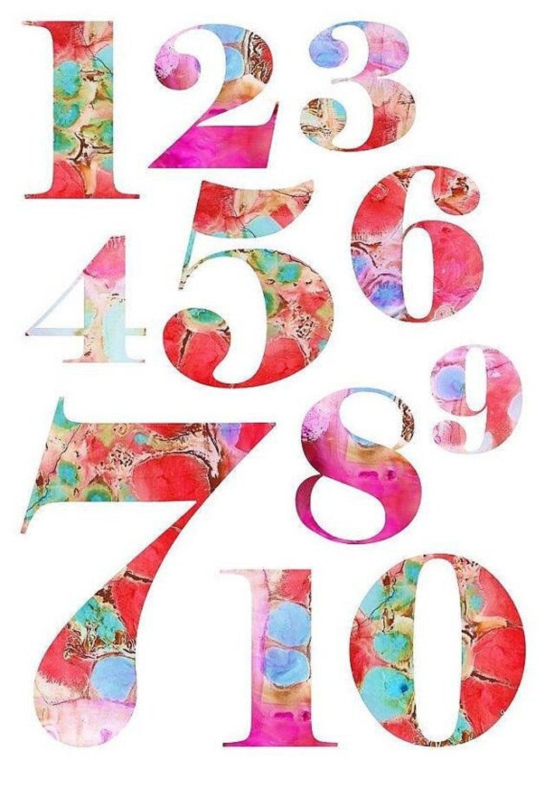 May include: A collection of numbers 0 through 9, each with a unique watercolor-style design. The numbers are in various sizes and shapes, with a mix of red, pink, blue, and yellow hues. The background is white.