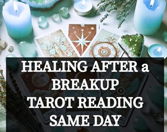 Puede incluir: Una composición con cartas del tarot, velas encendidas y cristales. El texto en la imagen dice "HEALING AFTER a BREAKUP TAROT READING SAME DAY". La escena evoca espiritualidad y adivinación, con un enfoque en la curación.