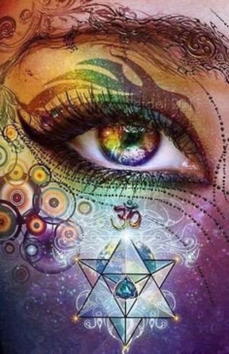 May include: Close-up of a vibrant eye with rainbow-colored iris and long eyelashes. The image features intricate designs and patterns in shades of purple, gold, and green, with a geometric star and the Om symbol below the eye.