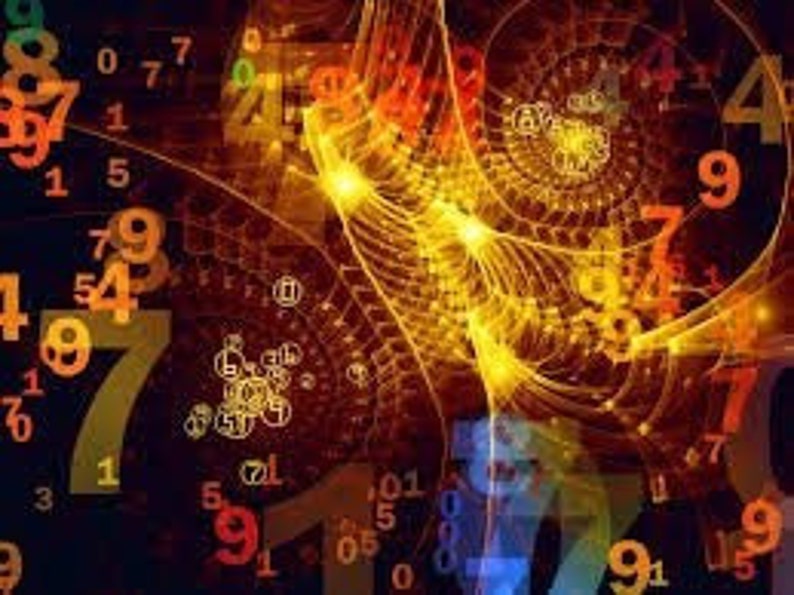 May include: Abstract digital art featuring a complex arrangement of numbers in various sizes and colors, including orange, yellow, and white, against a dark background. The numbers are scattered and intertwined with glowing lines and shapes, creating a sense of depth and movement.