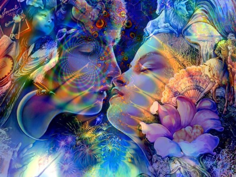 May include: A vibrant, psychedelic artwork featuring two faces in profile, nearly touching. The image is a kaleidoscope of colors, with blues, purples, oranges, and greens dominating. A lotus flower and other fantastical elements add to the dreamlike quality.