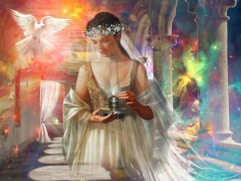 May include: An ethereal artwork depicts a woman in a flowing gown, holding a lantern. A white dove flies in the background, with a celestial and colorful backdrop. The image evokes a sense of spirituality and fantasy.