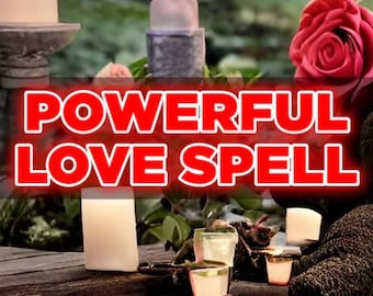 May include: Image features the text "POWERFUL LOVE SPELL" in red letters with a white outline. The scene includes lit candles, a red rose, and a natural, wooden surface, creating a mystical ambiance.