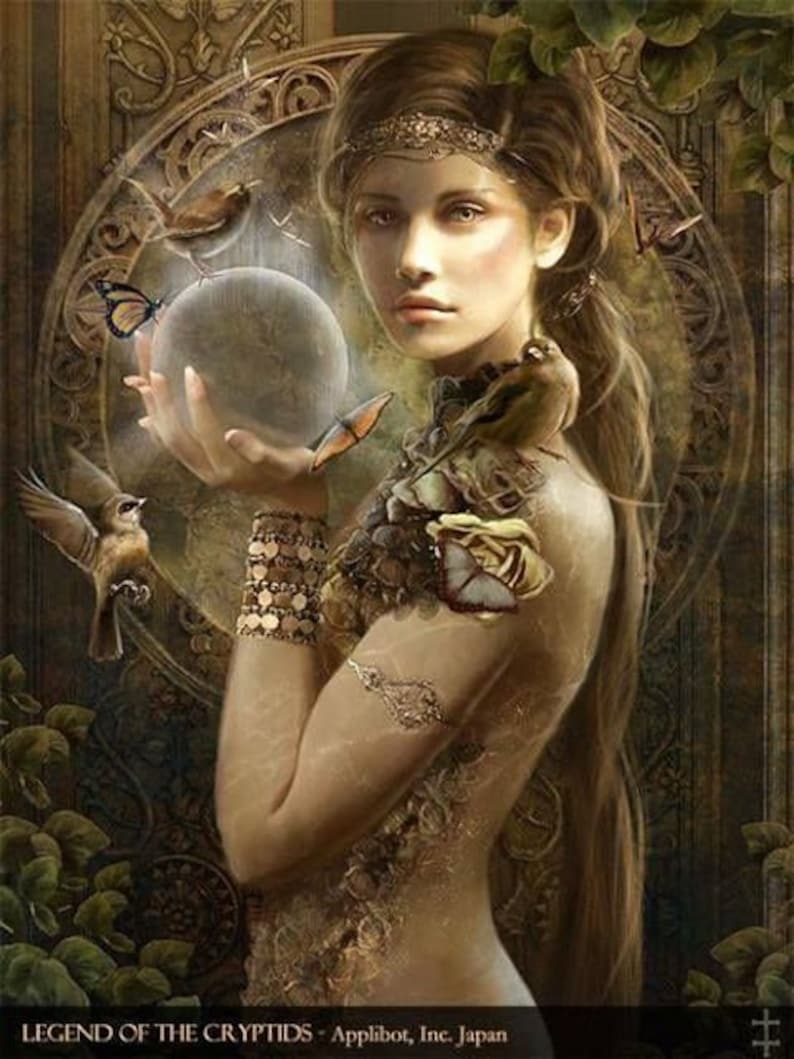 May include: An artistic illustration of a woman holding a glowing orb, surrounded by birds and butterflies. She wears a decorative headband and armbands. The image has a vintage, fantasy theme with the text "LEGEND OF THE CRYPTIDS - Applibot, Inc. Japan" at the bottom.