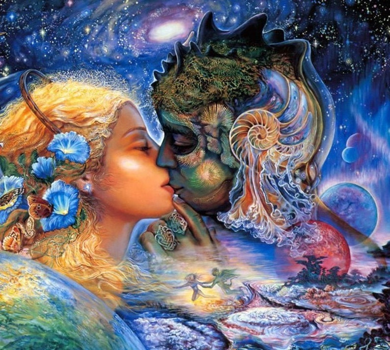May include: A vibrant, surreal painting depicts two figures in an embrace against a cosmic backdrop. One figure has blonde hair adorned with blue flowers and butterflies. The other has a green, textured face. The artwork features a starry sky and celestial elements.